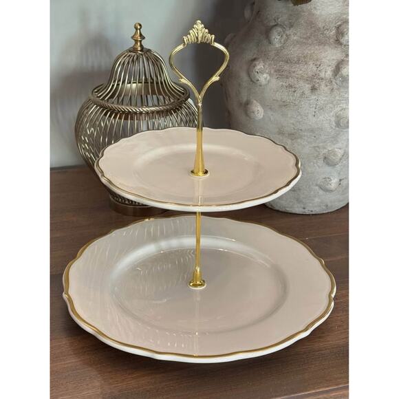 Vintage 2-Tier Tray White Gold Home Kitchen Decor Serving - Picture 1 of 9